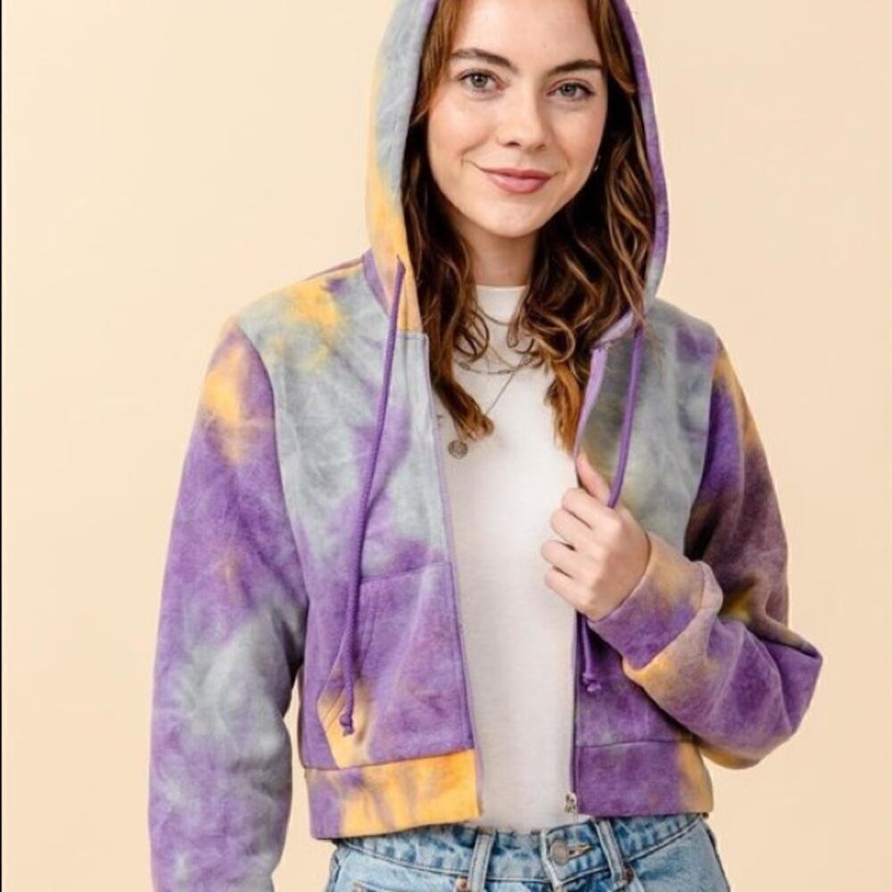 NWT Hyfv Tie Dye Zip Up Cropped Hem Long Sleeve Hoodie Size Large
